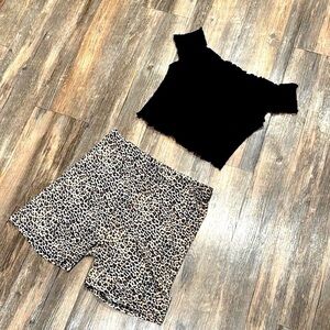 Black Smocked Crop Top & Leopard Biker Shorts Set | New Top